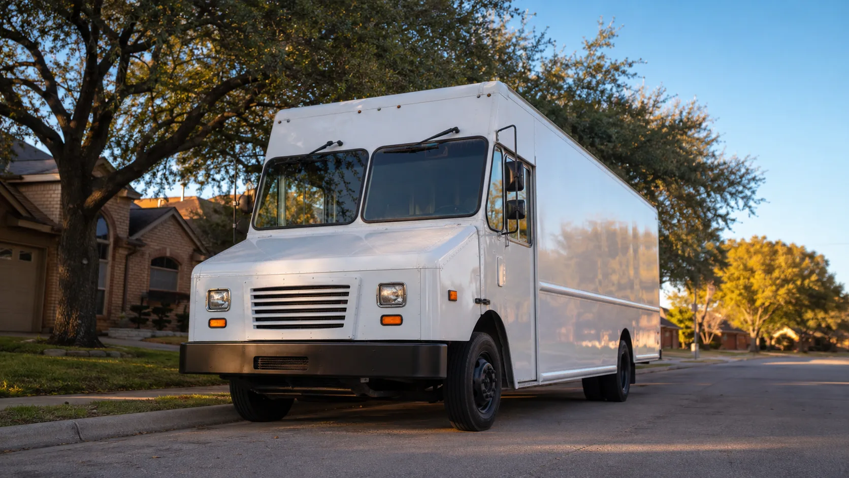 White delivery truck parked on a suburban Texas street