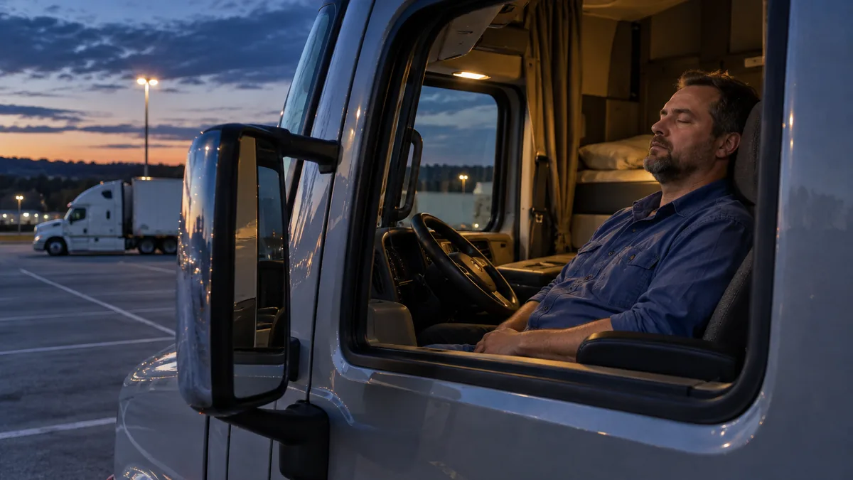 Truck driver resting in the cab of a parked truck at dusk