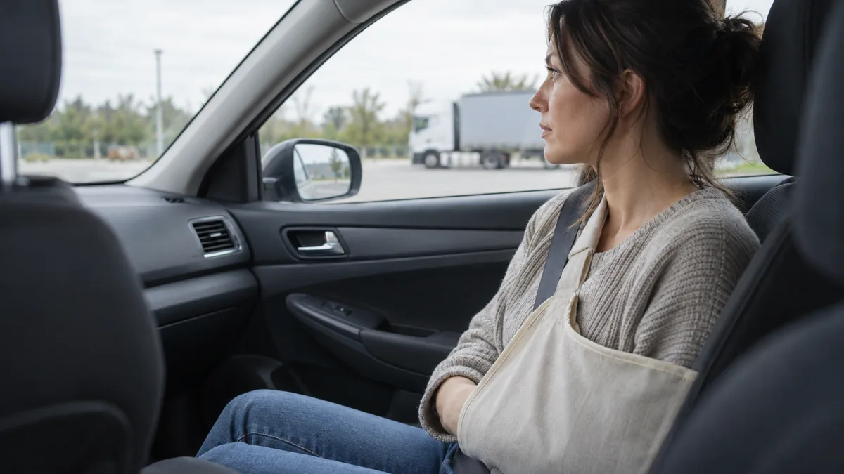 Passenger with an arm sling seated in a parked car