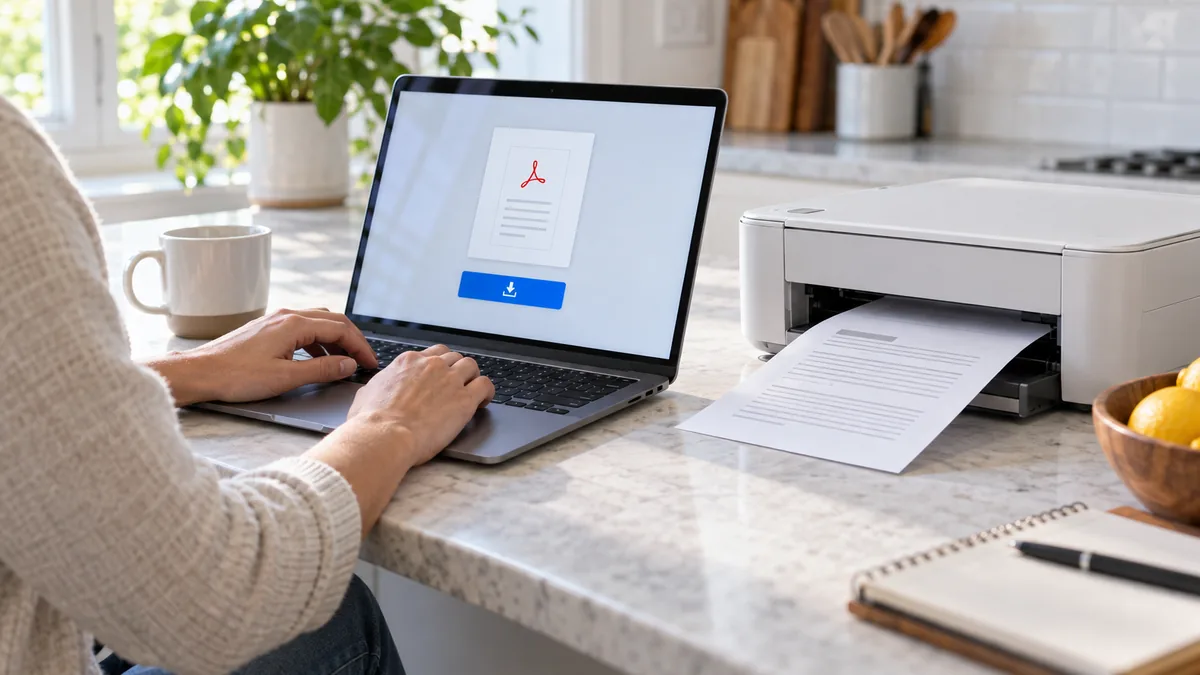 Person using a laptop and printer to obtain a report at home