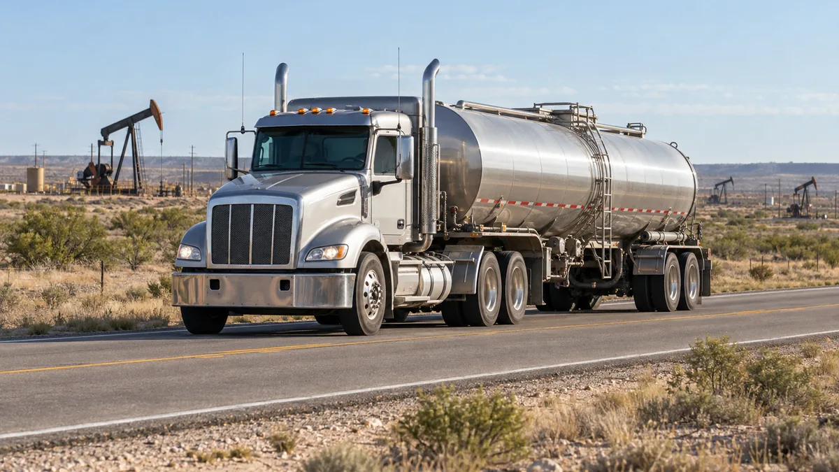 Tanker truck on a rural road near oilfield pumpjacks
