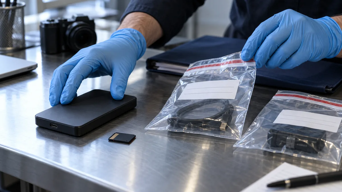 Gloved hands organizing digital storage devices and protective bags