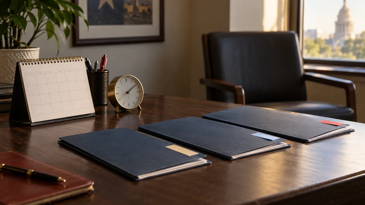 Calendar, clock and case folders arranged on a desk