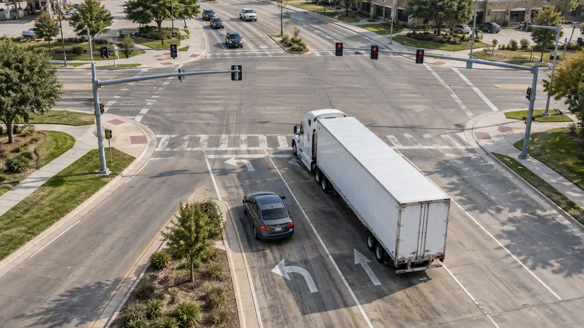 Aerial view of a truck and car positioned at a marked intersection