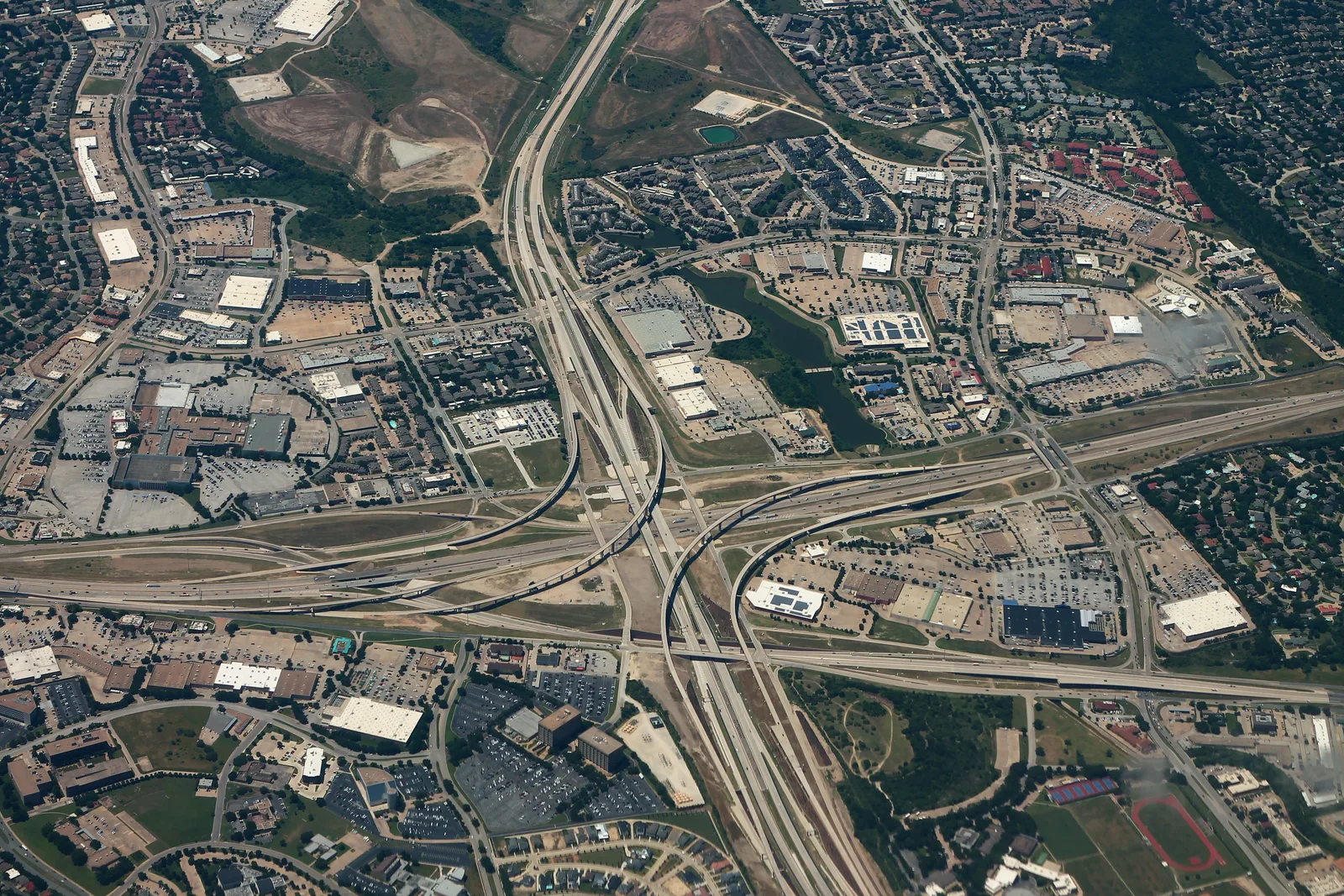 Aerial view of I-20 at SH 183 and Chisholm Trail Parkway near Fort Worth