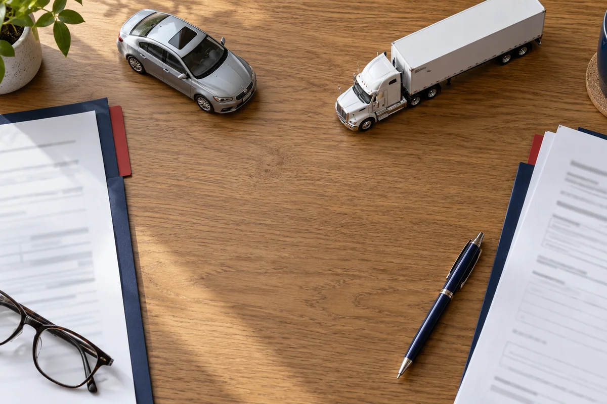 Model of a silver car and a white semi truck on a wooden desk between two folders of insurance paperwork, with a pen and reading glasses.